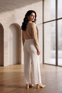 Off White Solid Self Design Charme Acrylic Mid Rise Wide Leg Ankle Length Palazzo