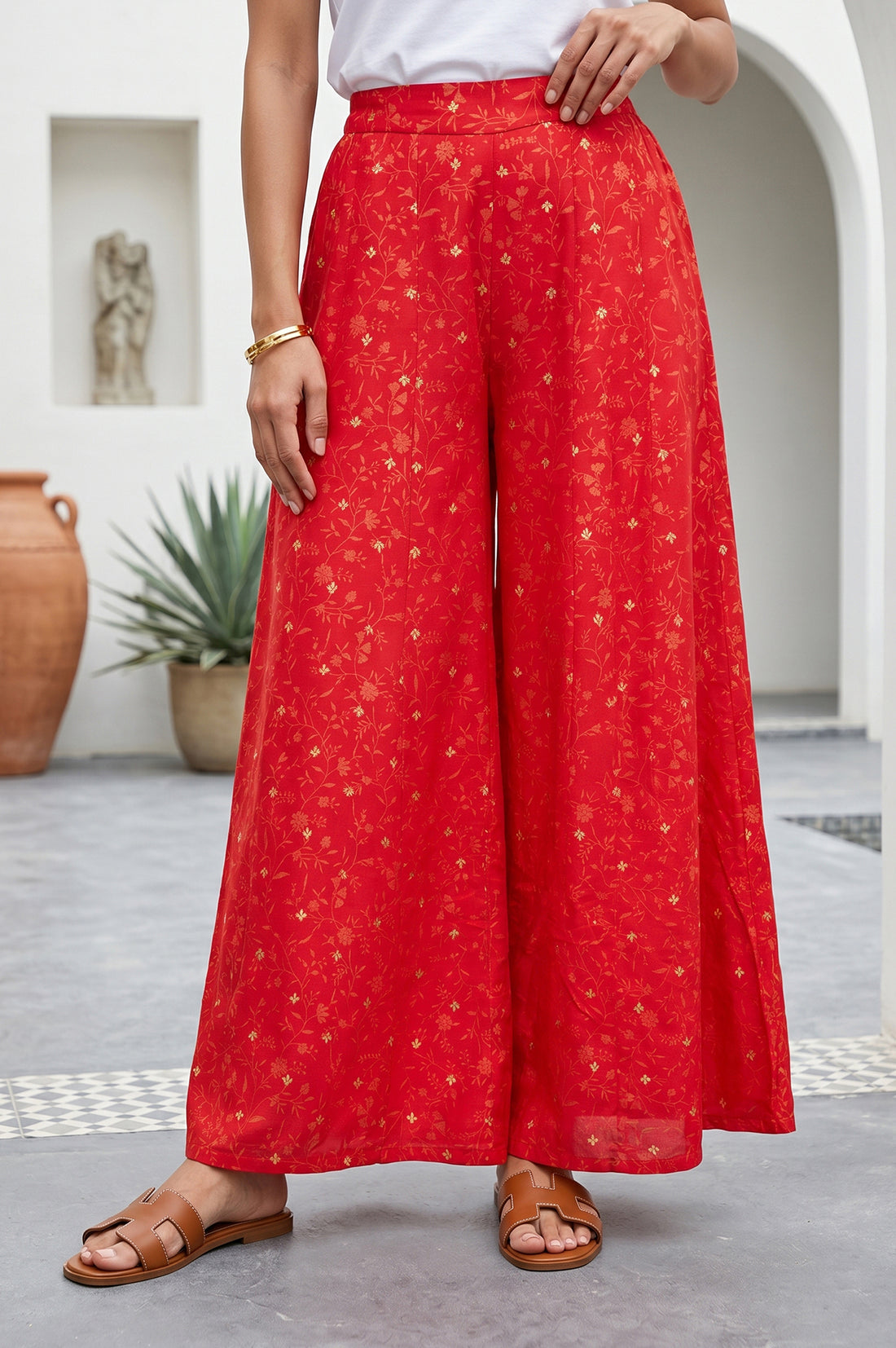 Red Foil Printed Flared Culottes