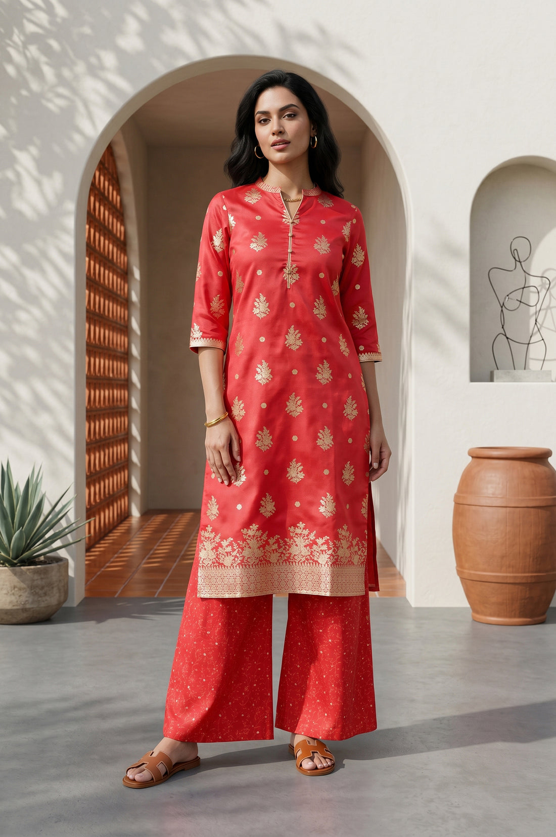 Red Foil Printed Flared Culottes