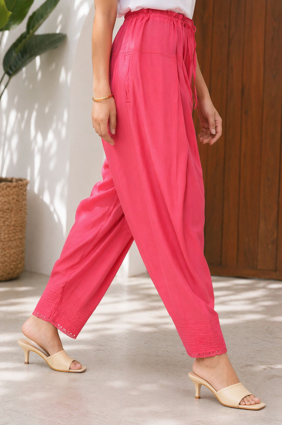 Pink Solid Rayon Relaxed Fit Ankle Length Salwar