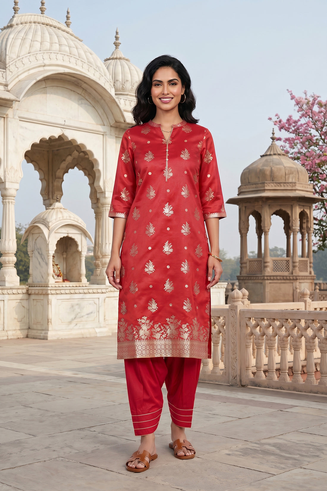 Pink Yarn Dyed Zari Relaxed Fit Patiala Salwar