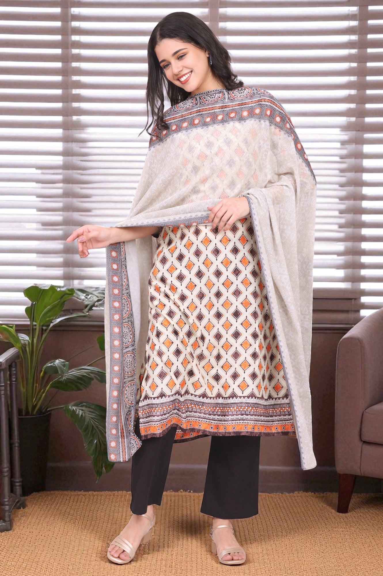 Orange and Black Abstract Printed Georgette Dupatta
