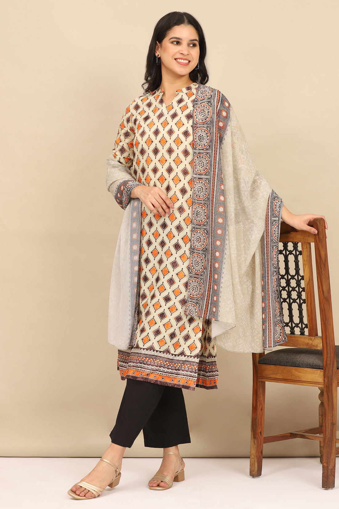 Orange and Black Abstract Printed Georgette Dupatta