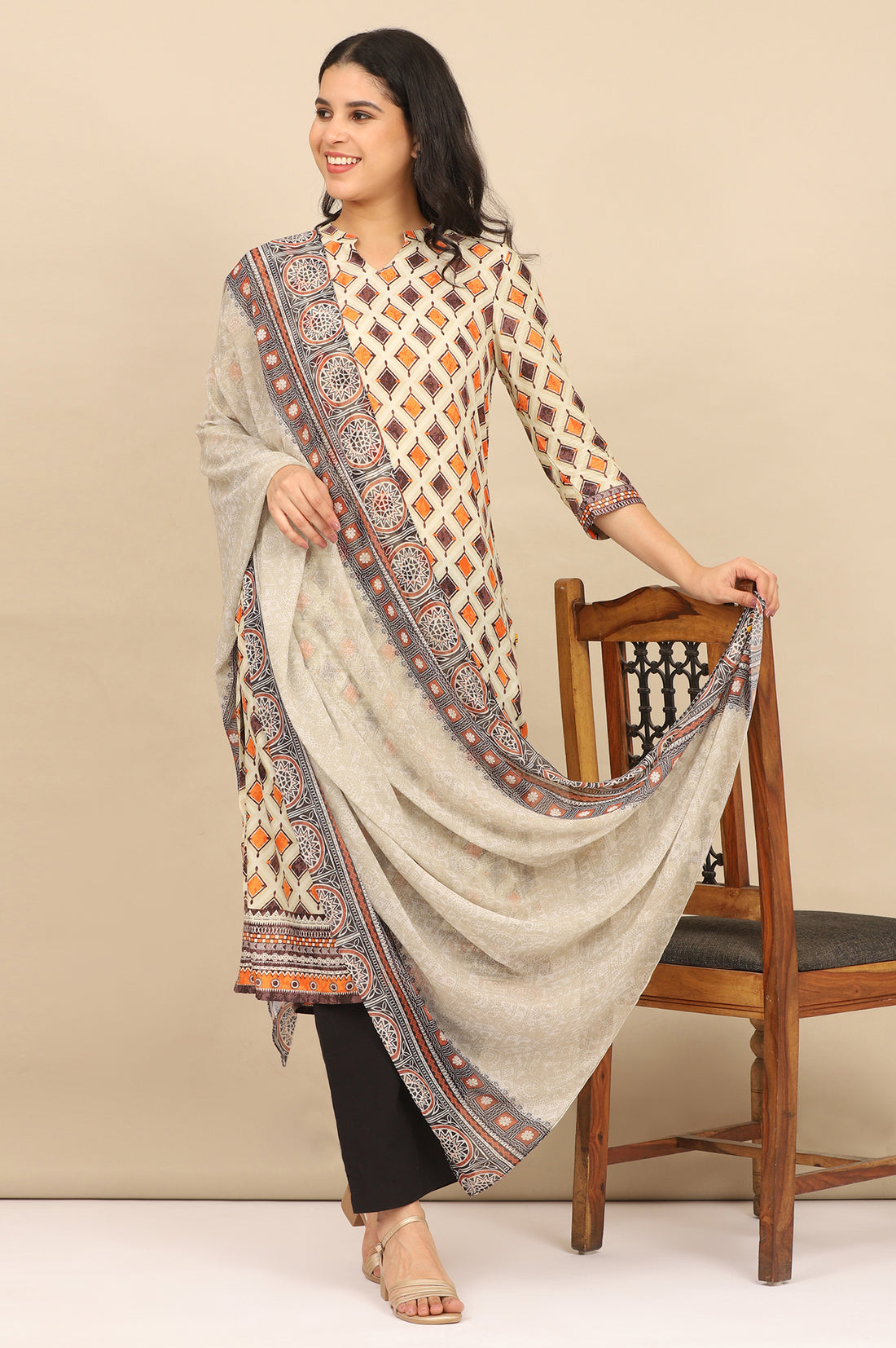 Orange and Black Abstract Printed Georgette Dupatta
