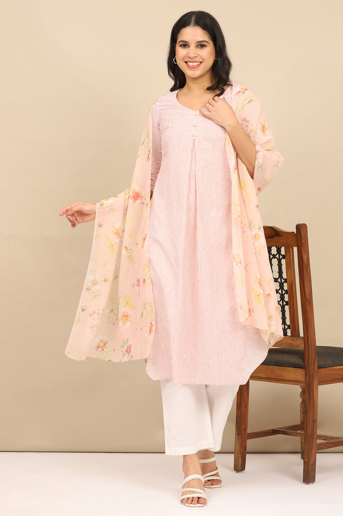 Cloud Cream Floral Printed Georgette Dupatta