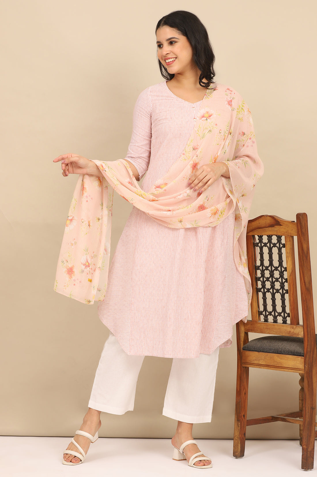 Cloud Cream Floral Printed Georgette Dupatta