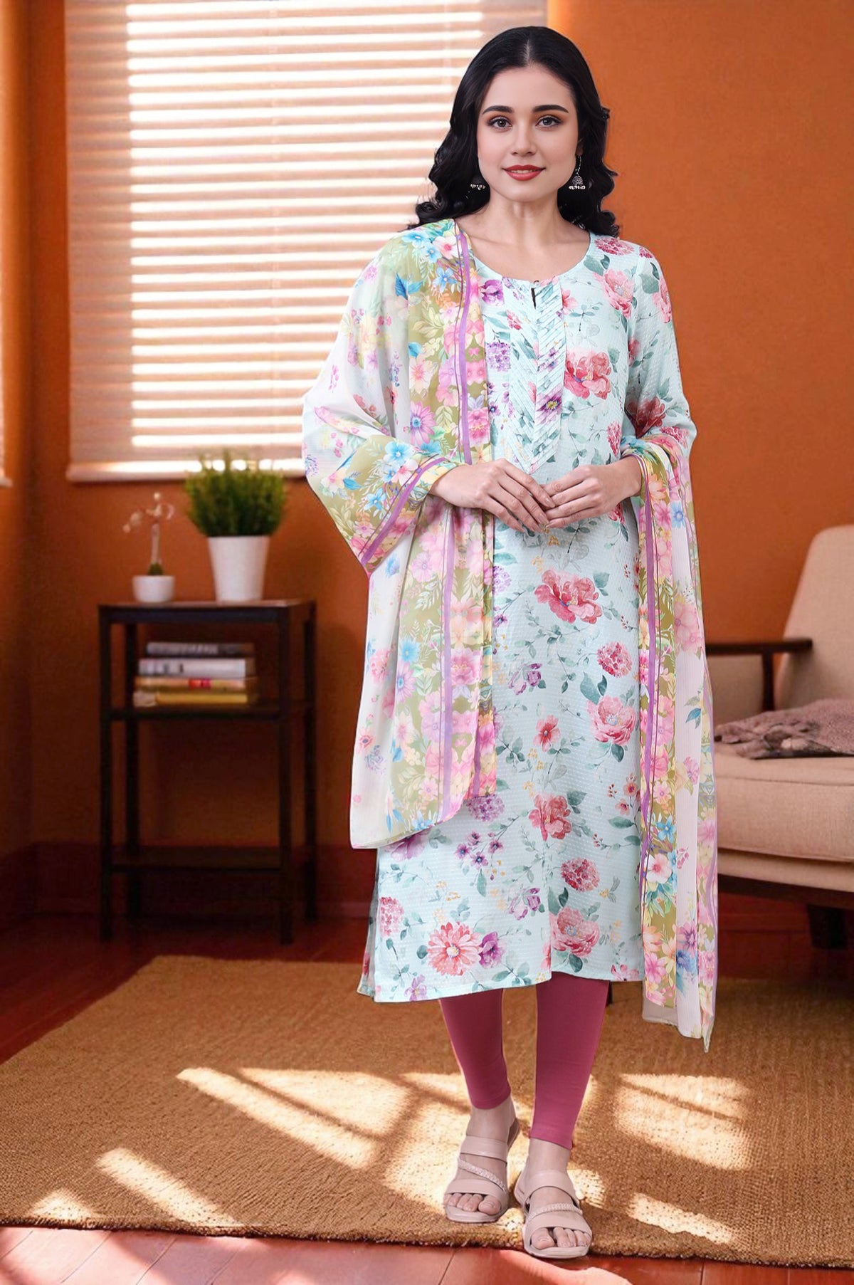 Multi-coloured Floral Printed Georgette Dupatta - Free Size
