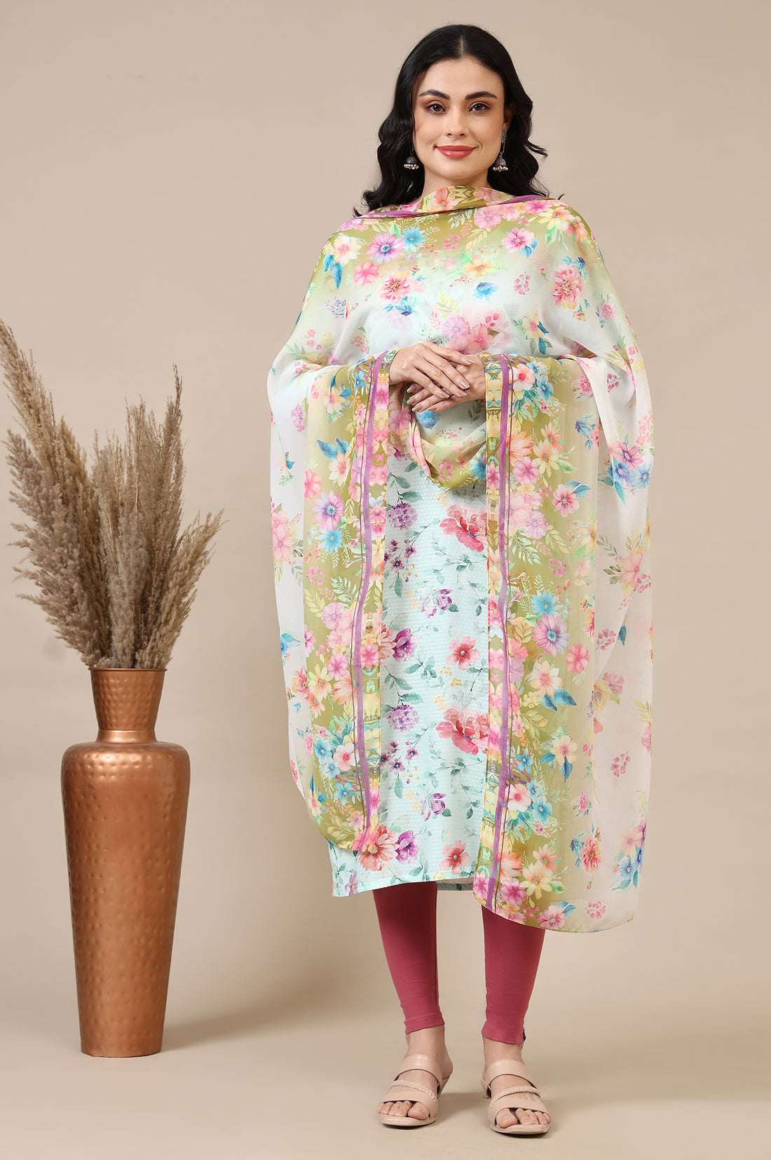 Multi-coloured Floral Printed Georgette Dupatta