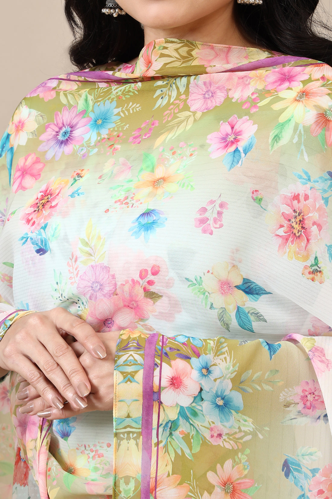 Multi-coloured Floral Printed Georgette Dupatta