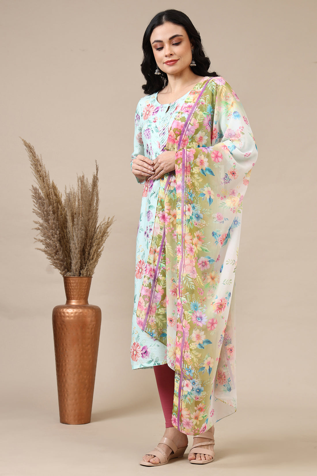 Multi-coloured Floral Printed Georgette Dupatta