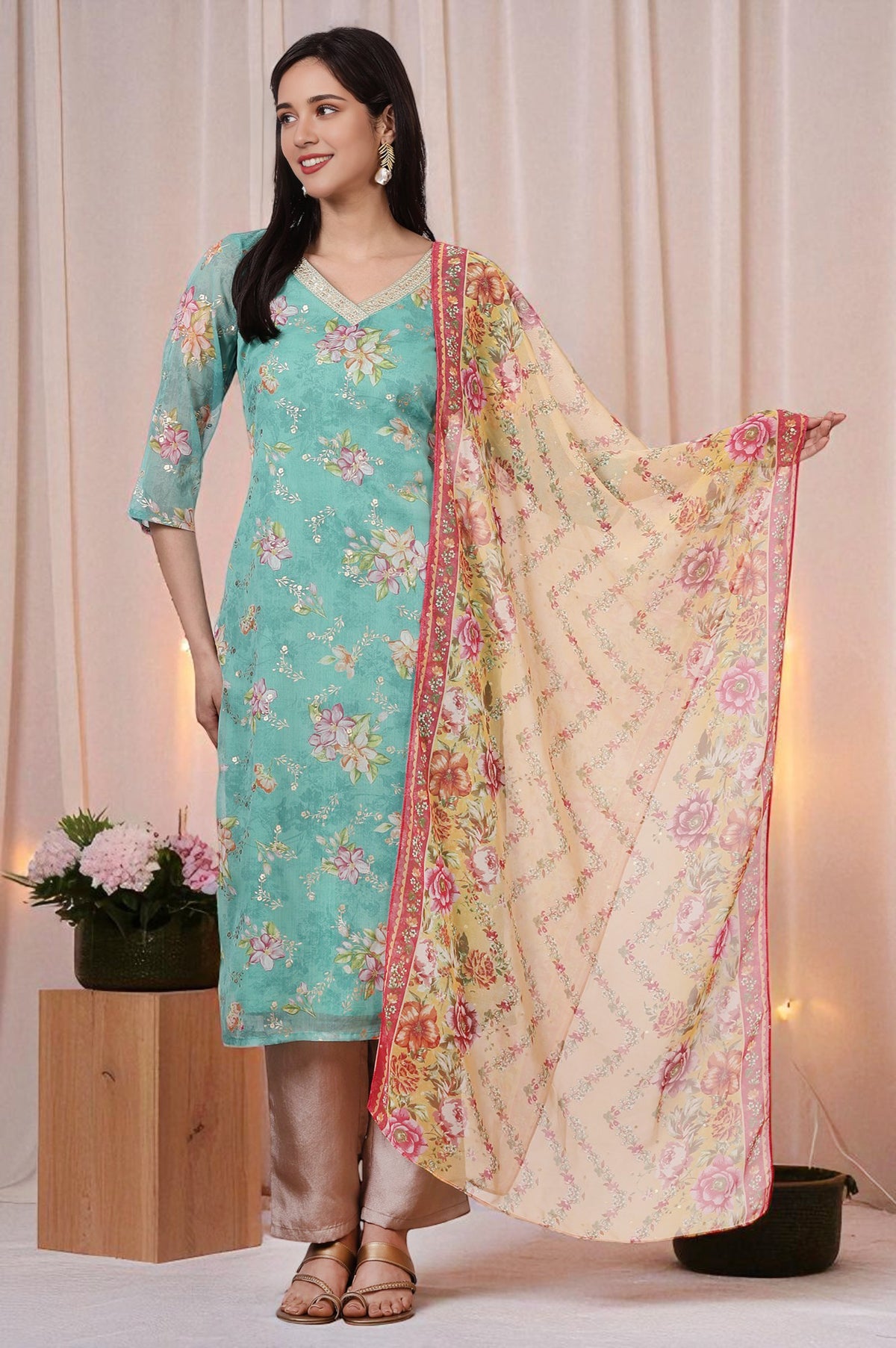 Multicoloured Bold Floral Printed Georgette Dupatta - Free Size