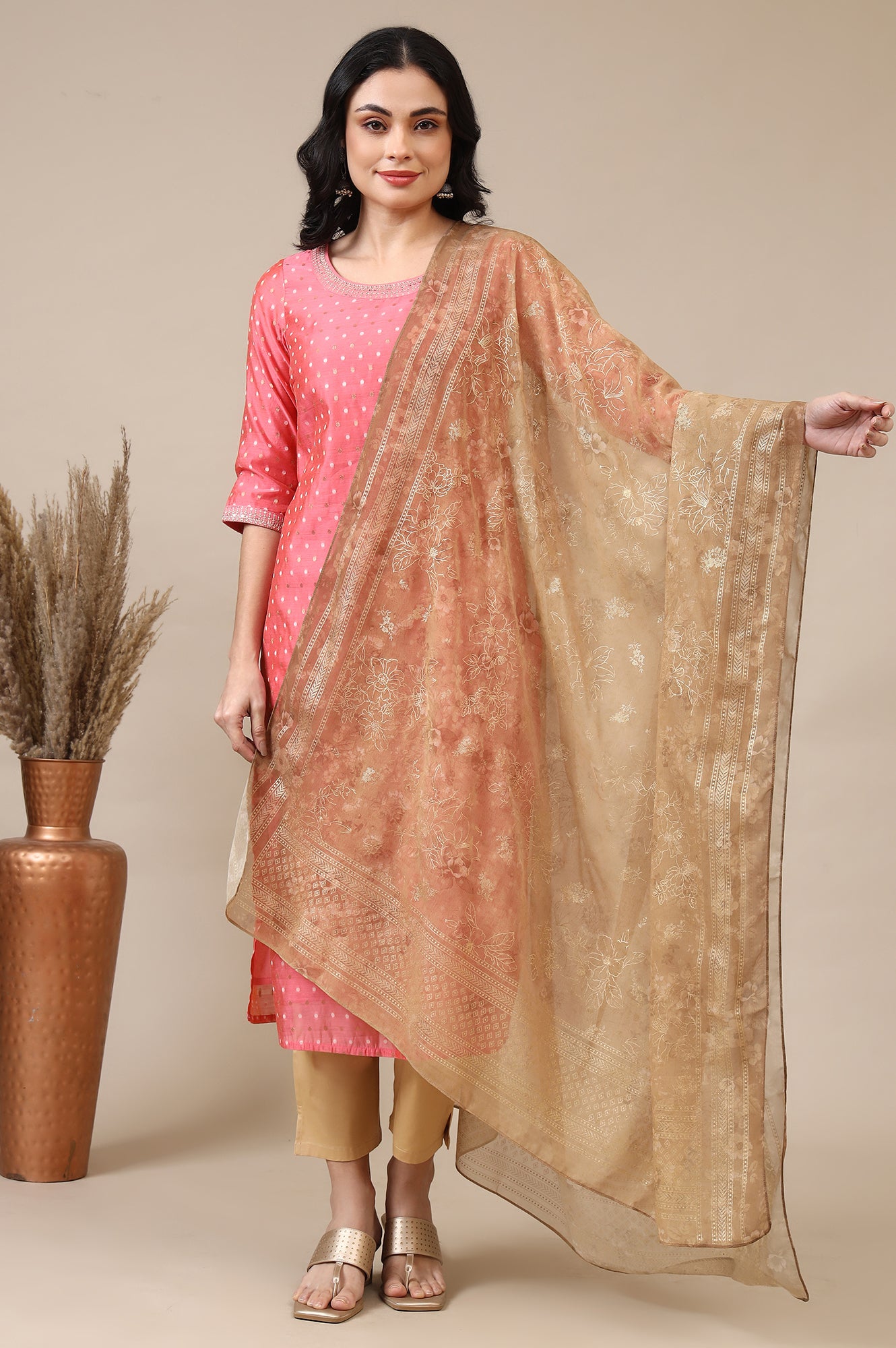 Gold Digital Foil Floral Printed Georgette Dupatta