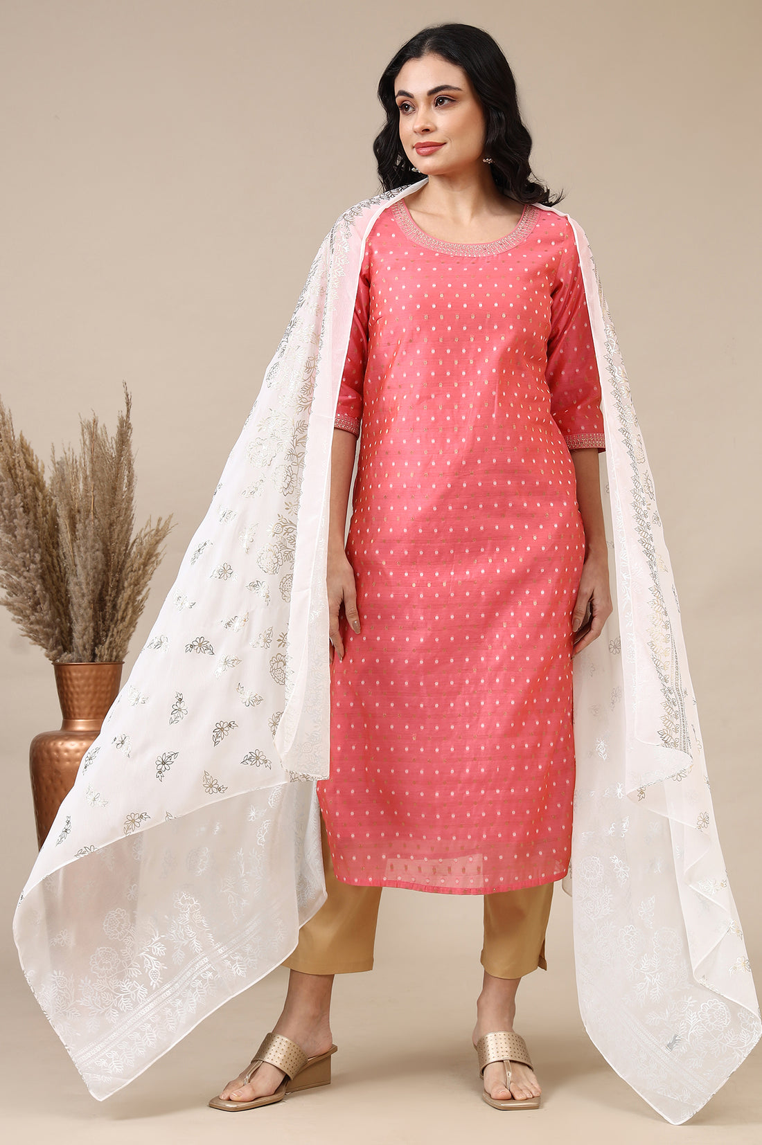 White Digital Foil Floral Printed Georgette Dupatta