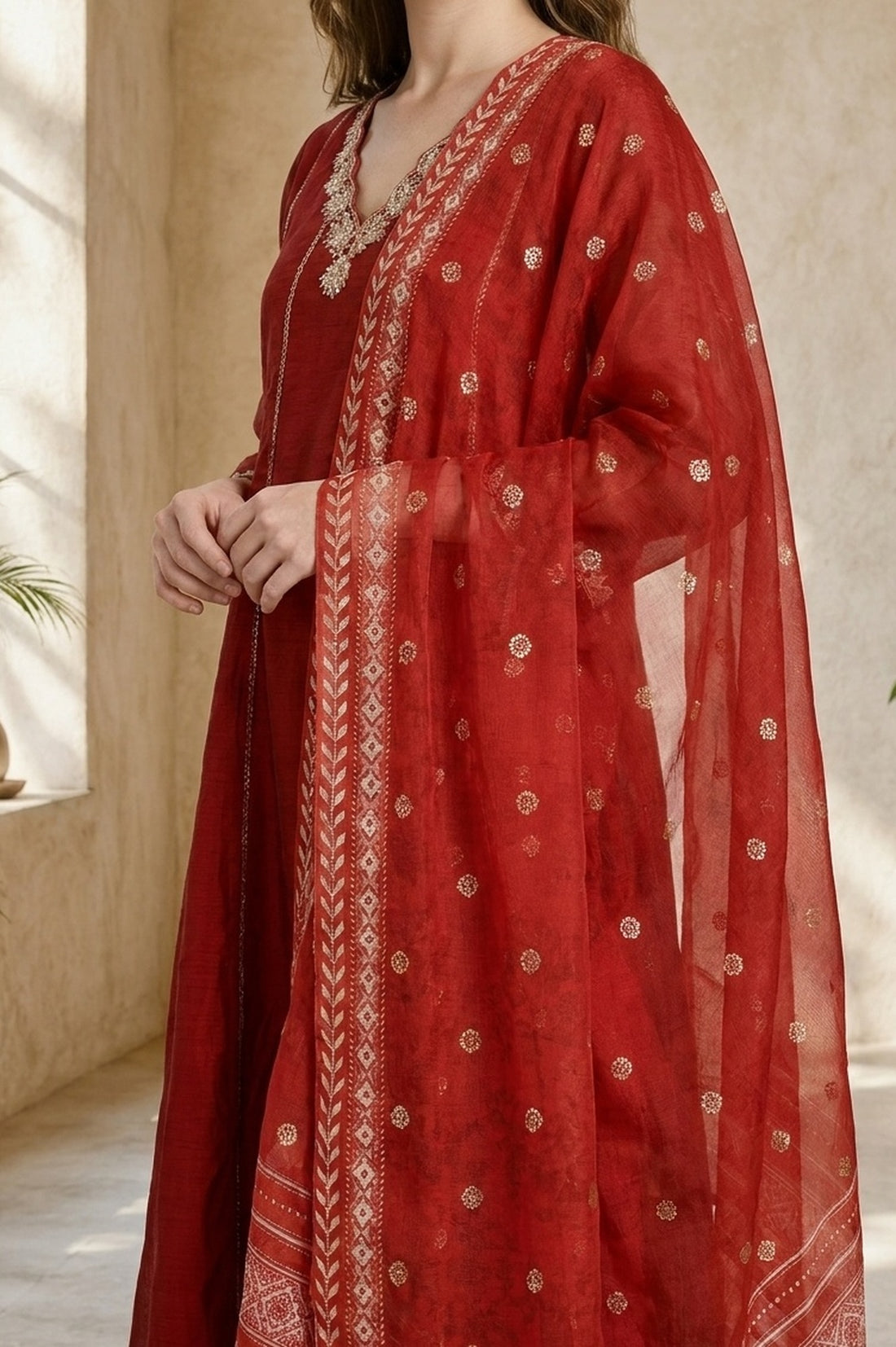 Red Ethnic Motifs Printed Georgette Dupatta