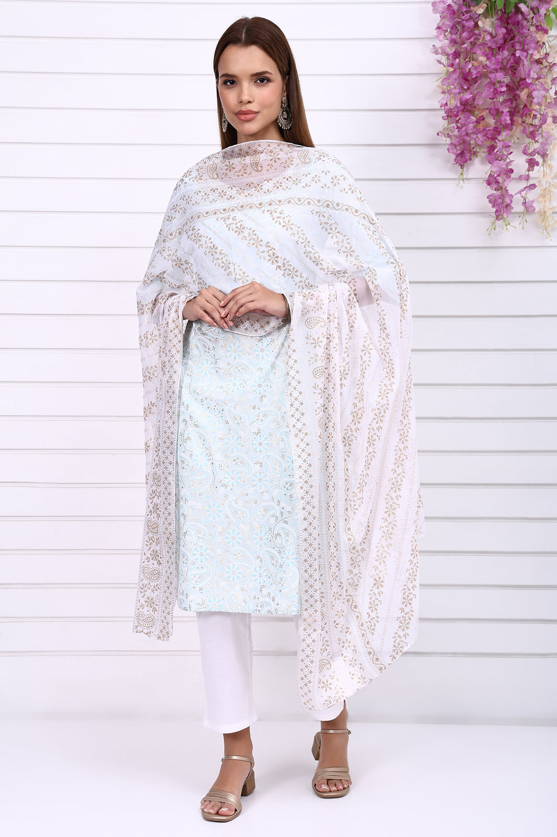 White Foil Printed Chiffon Dupatta