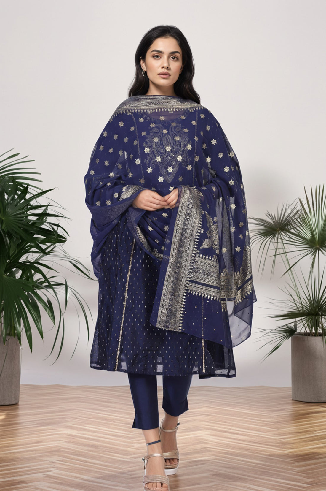 Navy Blue Ethnic Motifs Printed Chiffon Dupatta