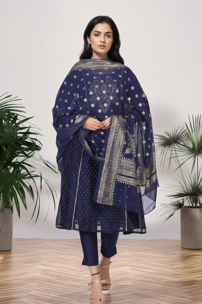 Navy Blue Ethnic Motifs Printed Chiffon Dupatta