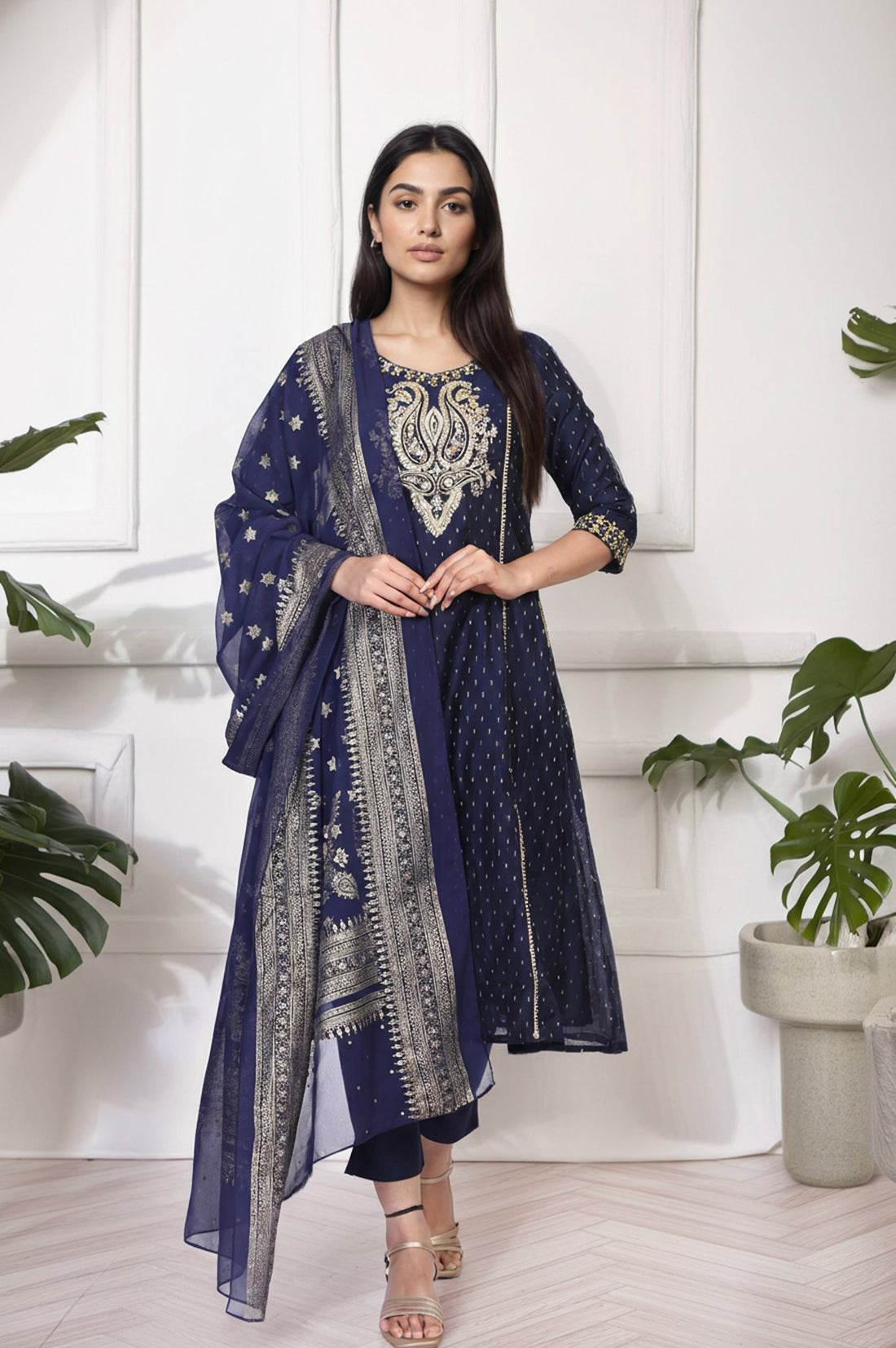 Navy Blue Ethnic Motifs Printed Chiffon Dupatta