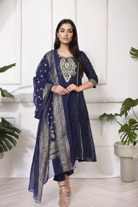 Navy Blue Ethnic Motifs Printed Chiffon Dupatta