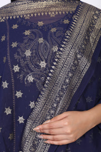 Navy Blue Ethnic Motifs Printed Chiffon Dupatta