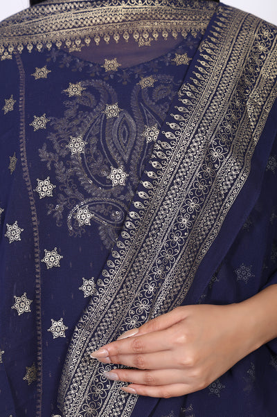 Navy Blue Ethnic Motifs Printed Chiffon Dupatta