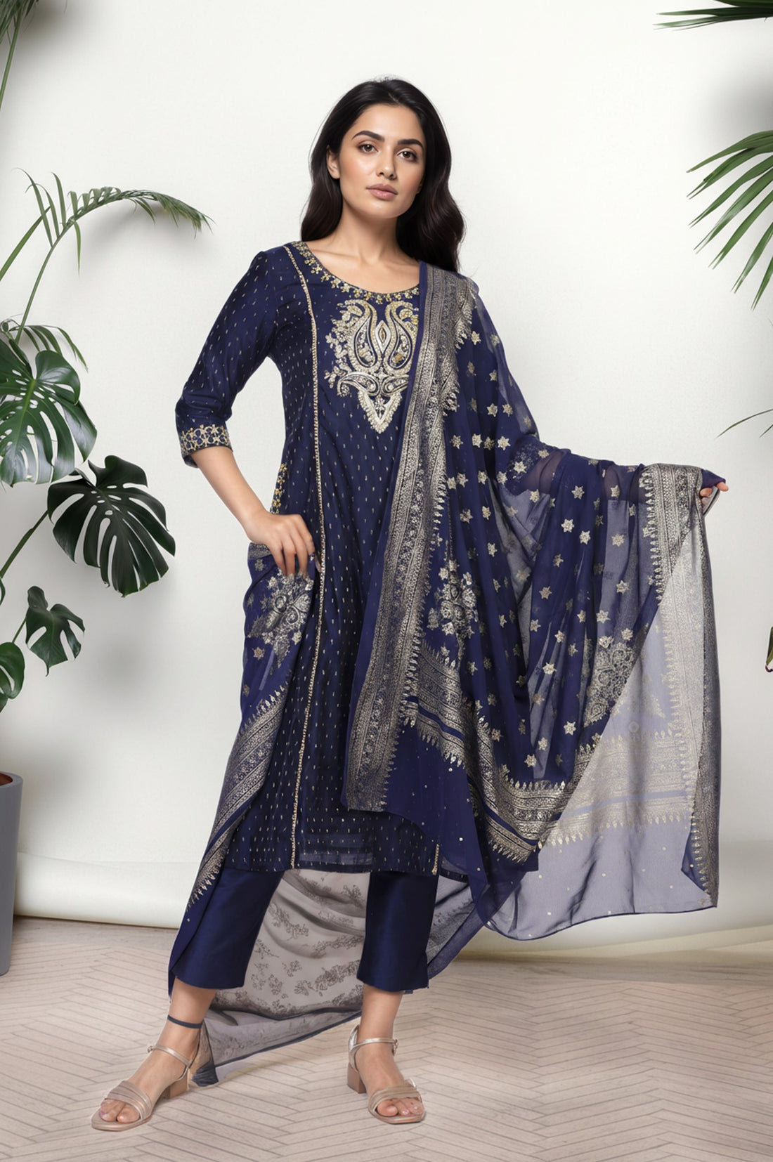 Navy Blue Ethnic Motifs Printed Chiffon Dupatta