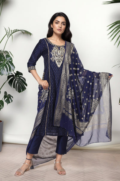 Navy Blue Ethnic Motifs Printed Chiffon Dupatta