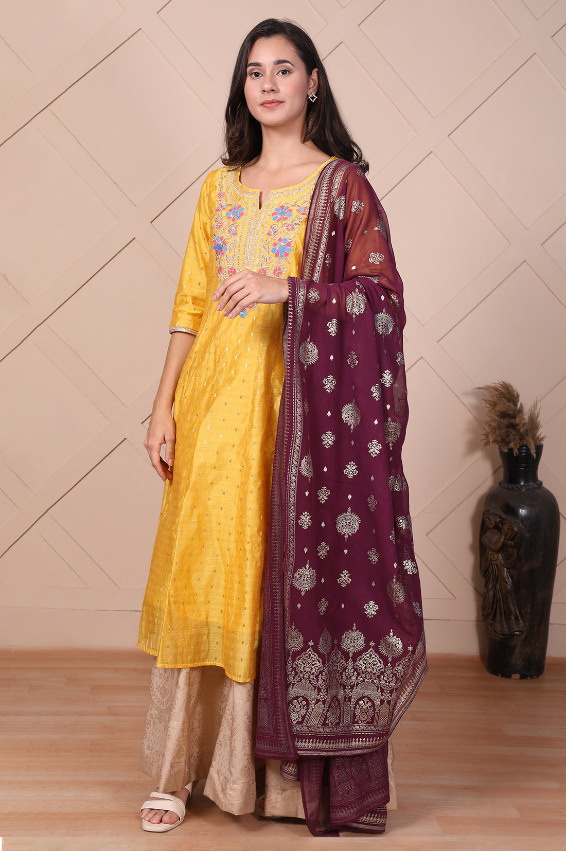 Purple Floral Printed Metallic Embroidered Dupatta