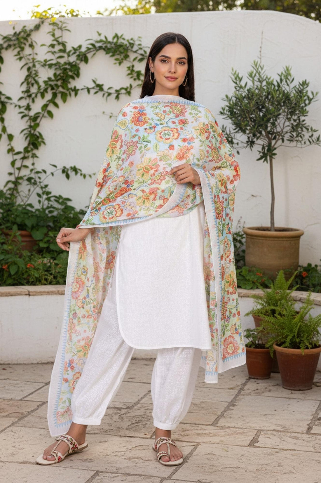 White Floral Foil Print Chiffon Dupatta