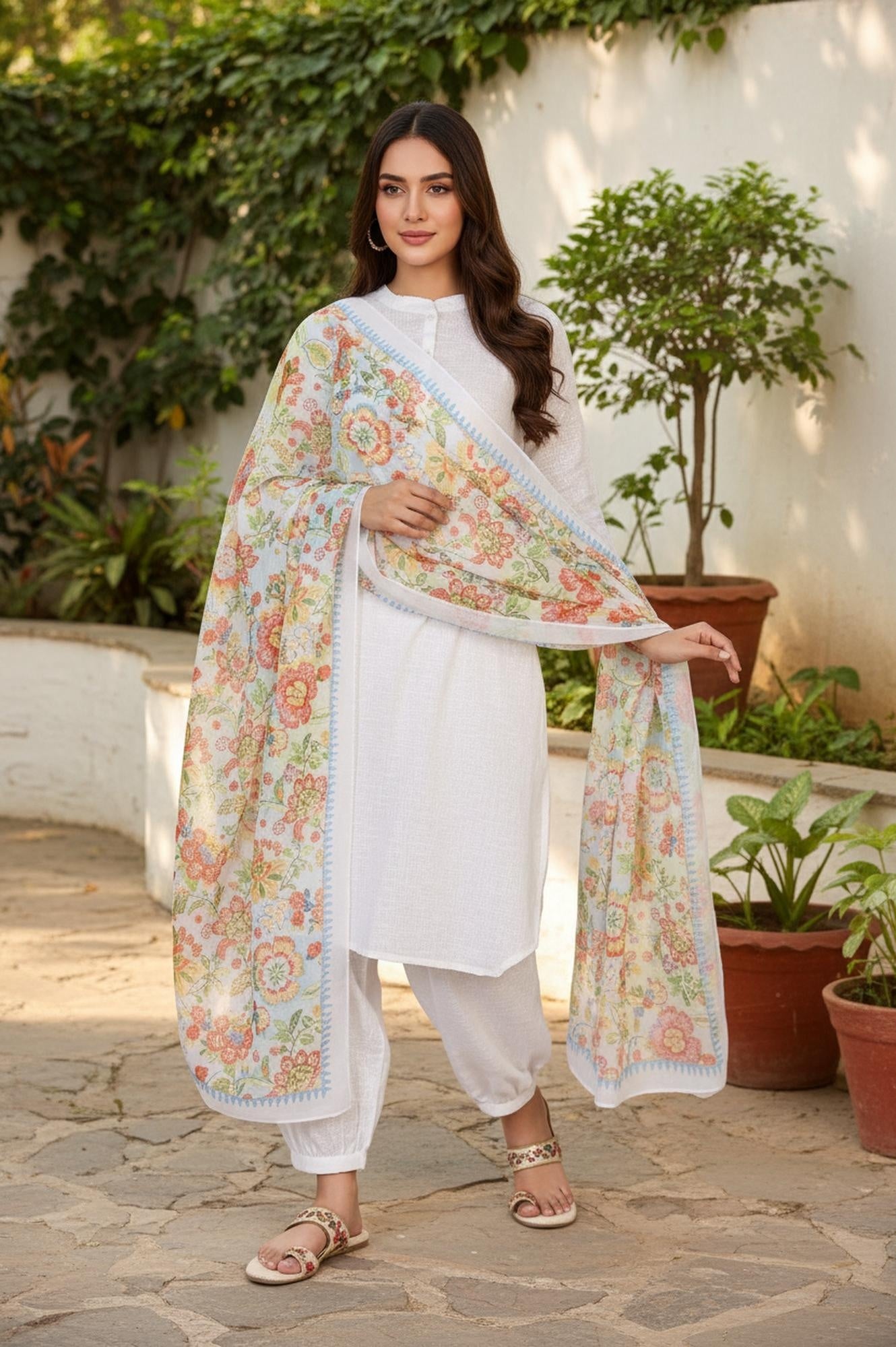 White Floral Foil Print Chiffon Dupatta