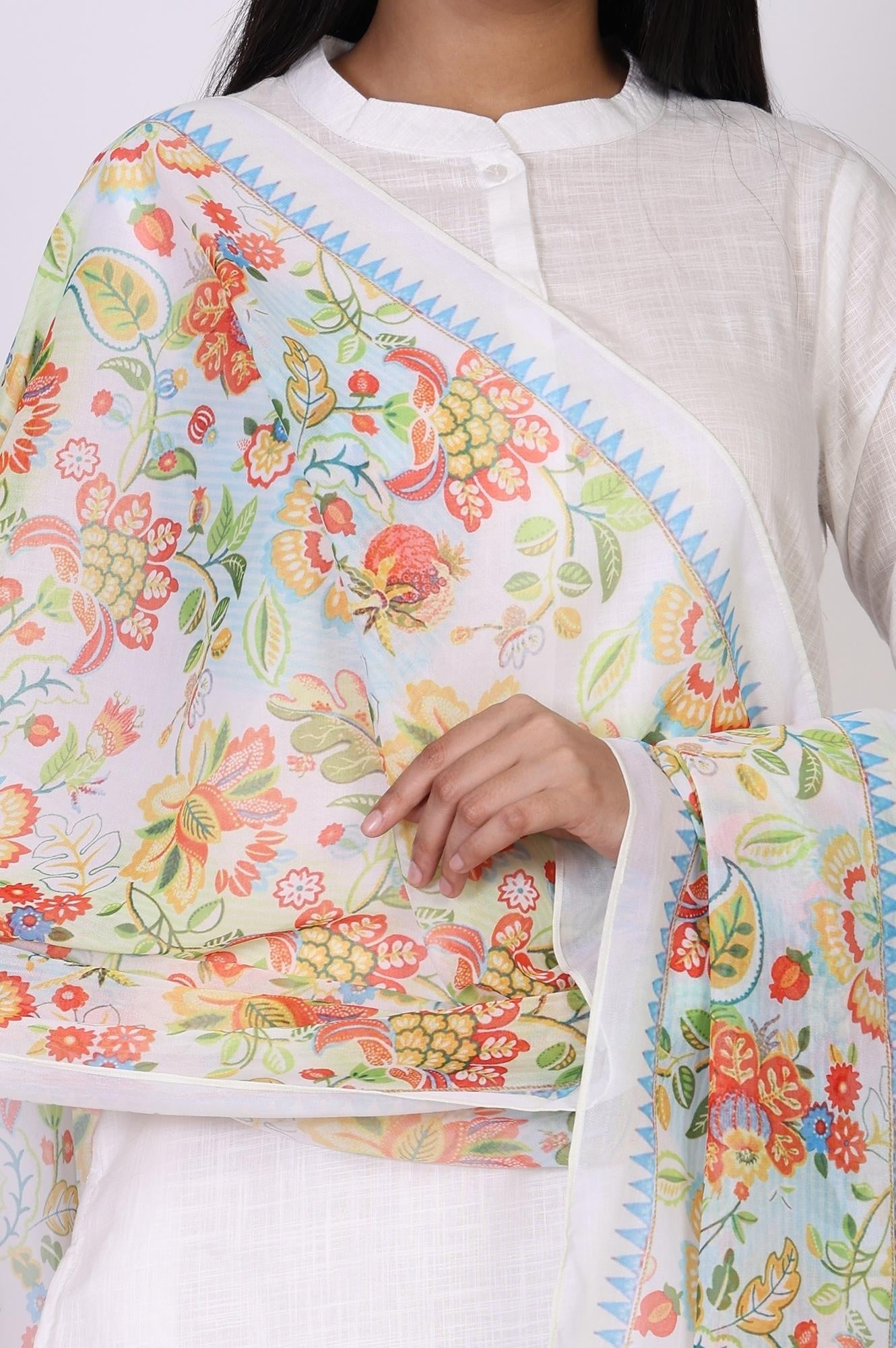 White Floral Foil Print Chiffon Dupatta