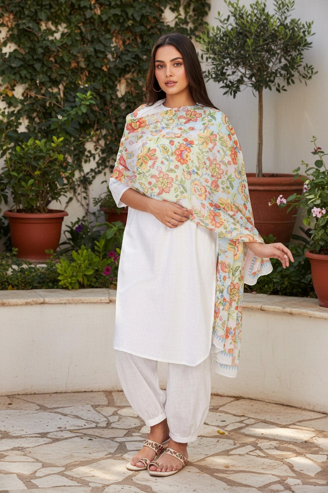 White Floral Foil Print Chiffon Dupatta