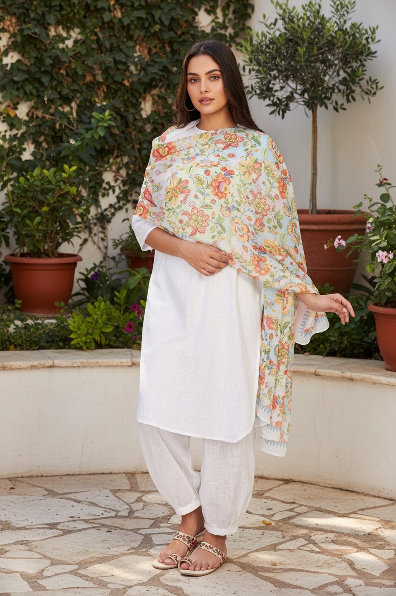 White Floral Foil Print Chiffon Dupatta