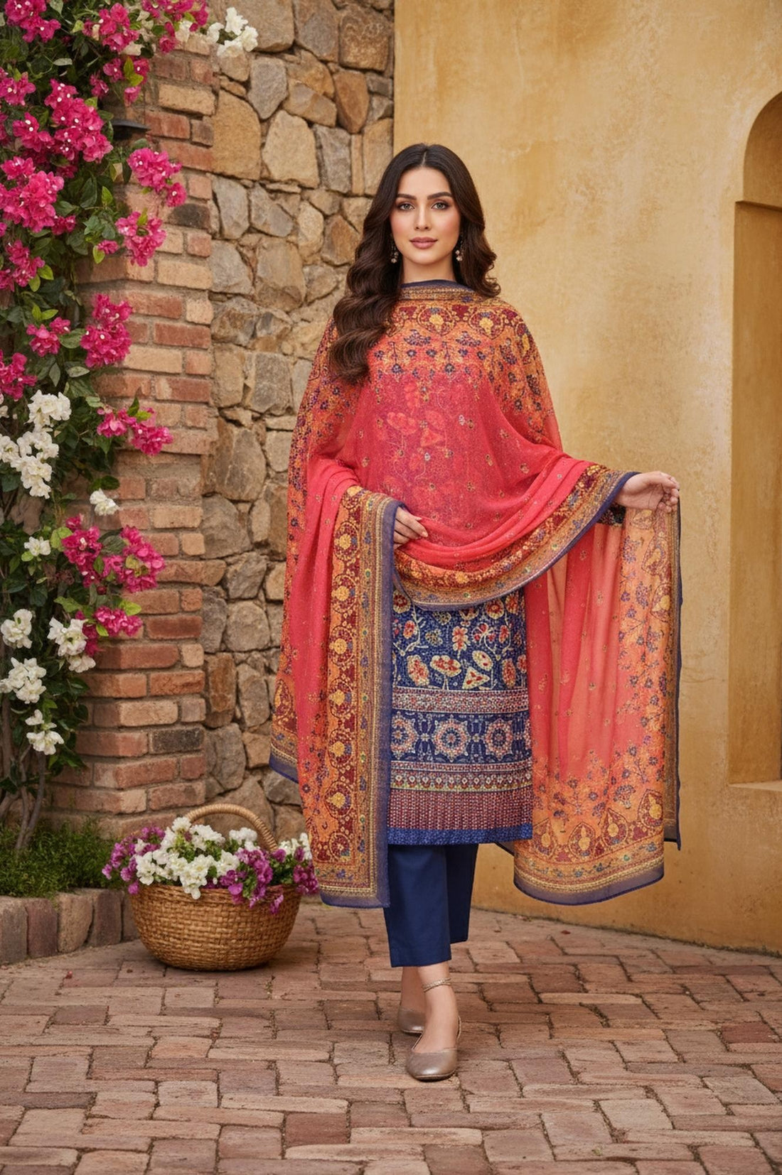 Pink Floral Foil Print Chiffon Dupatta