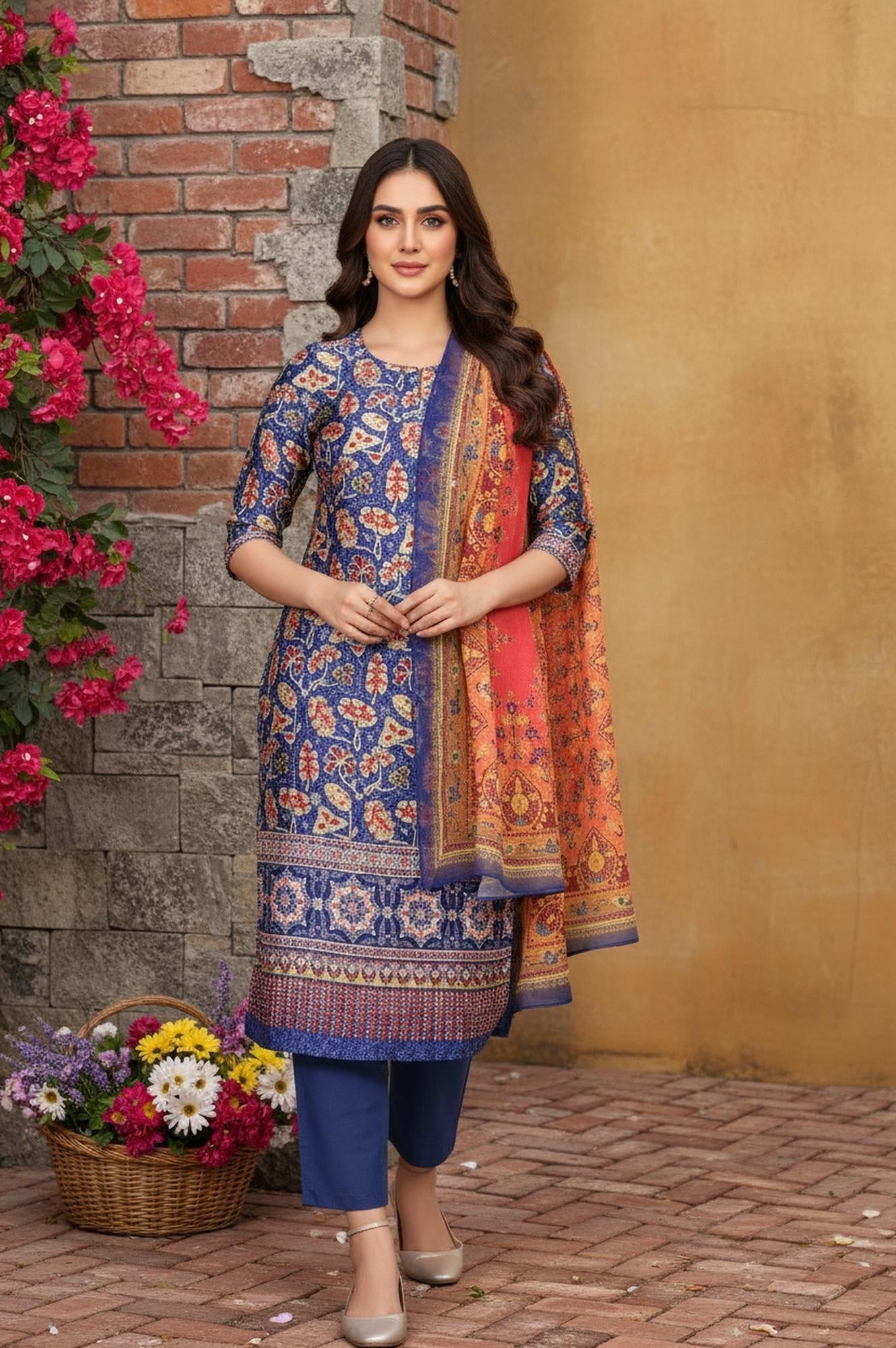 Pink Floral Foil Print Chiffon Dupatta