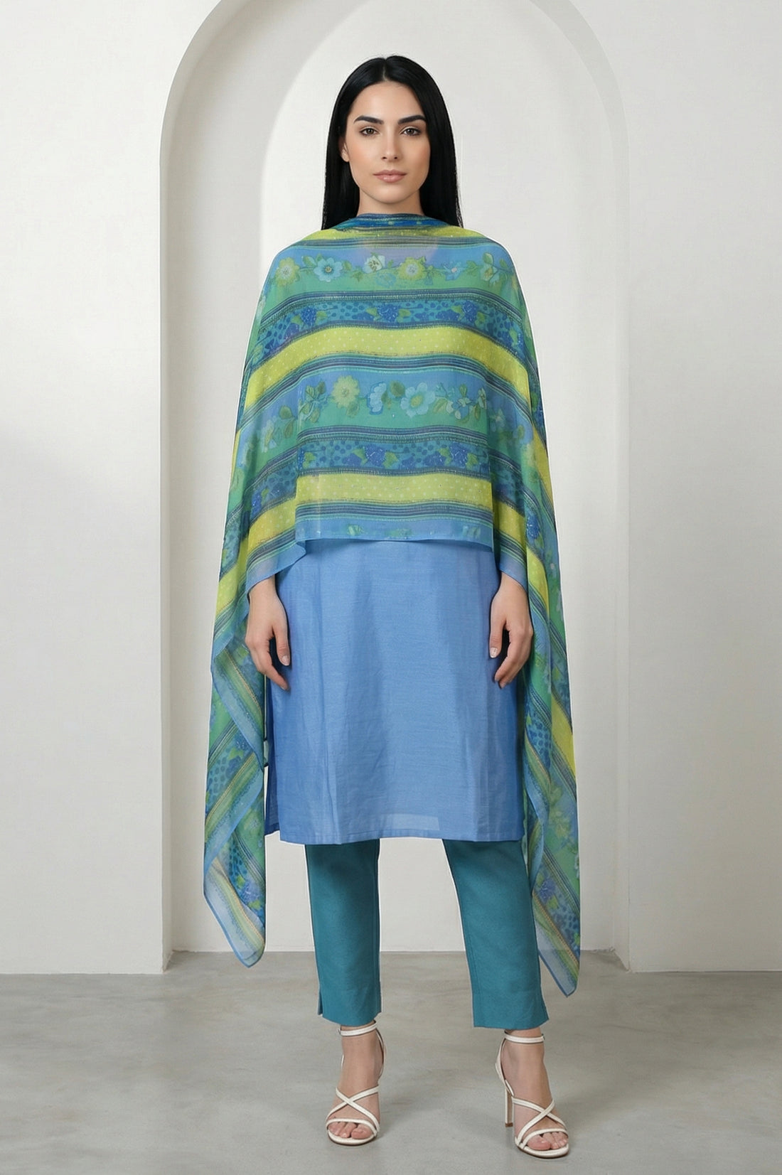 Green Striped Floral Printed Dupatta