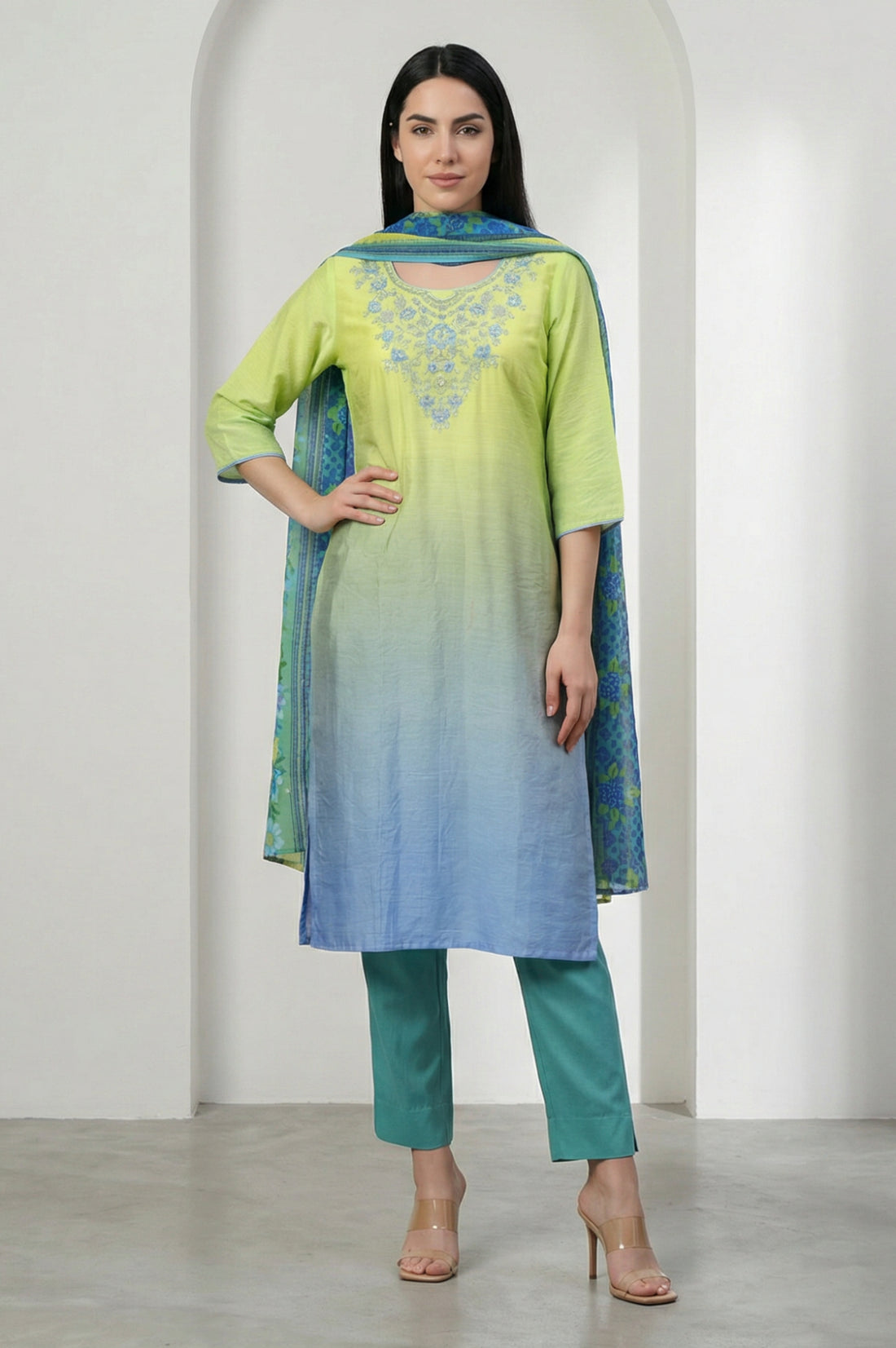 Green Striped Floral Printed Dupatta