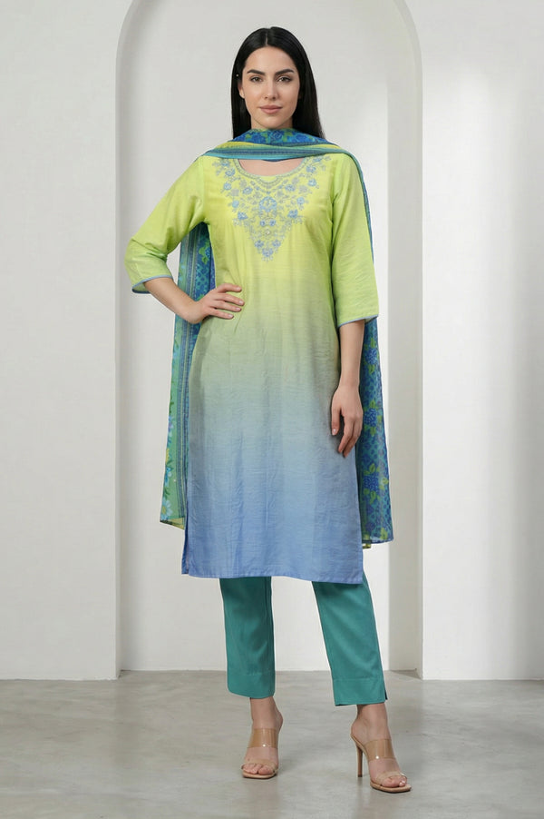 Green Striped Floral Printed Dupatta