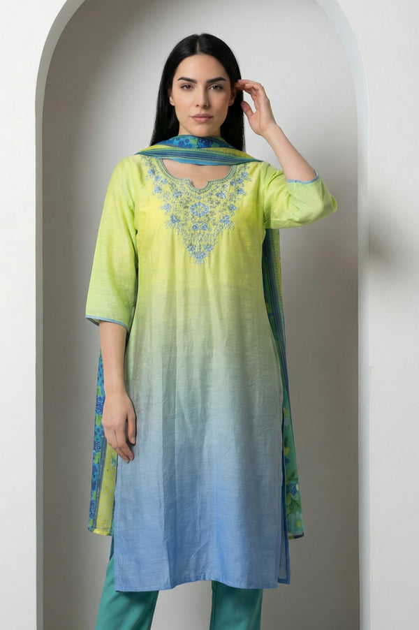 Green Striped Floral Printed Dupatta