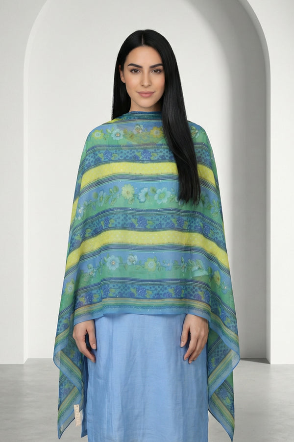 Green Striped Floral Printed Dupatta