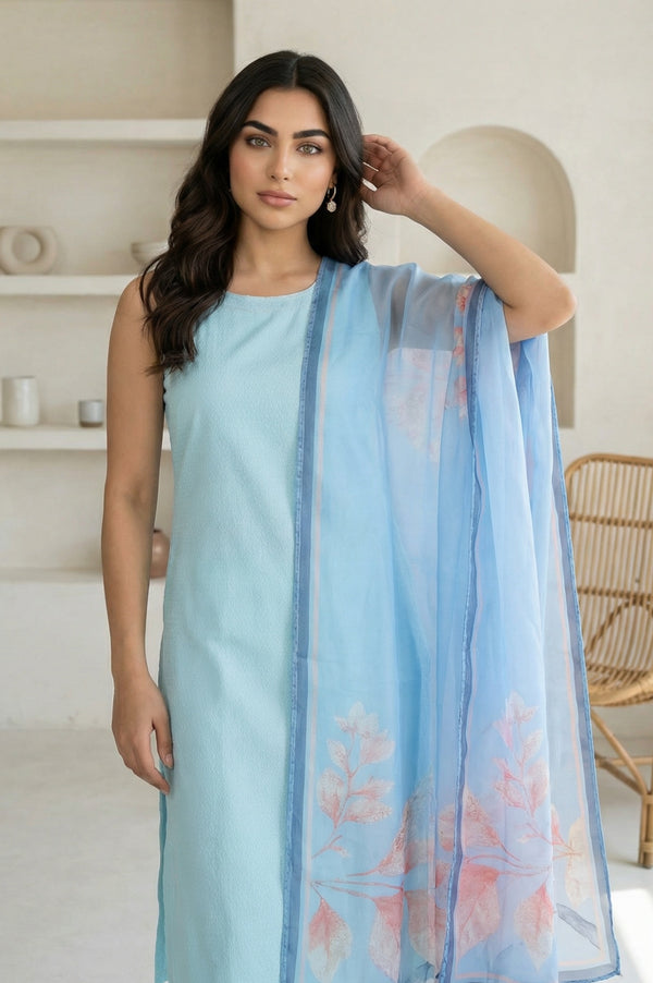 Blue Floral Foil Printed Chiffon Dupatta