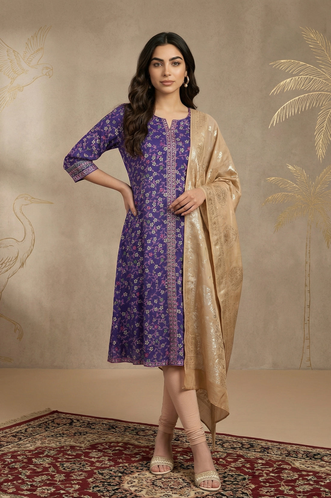 Gold Floral Foil Printed Georgette Dupatta