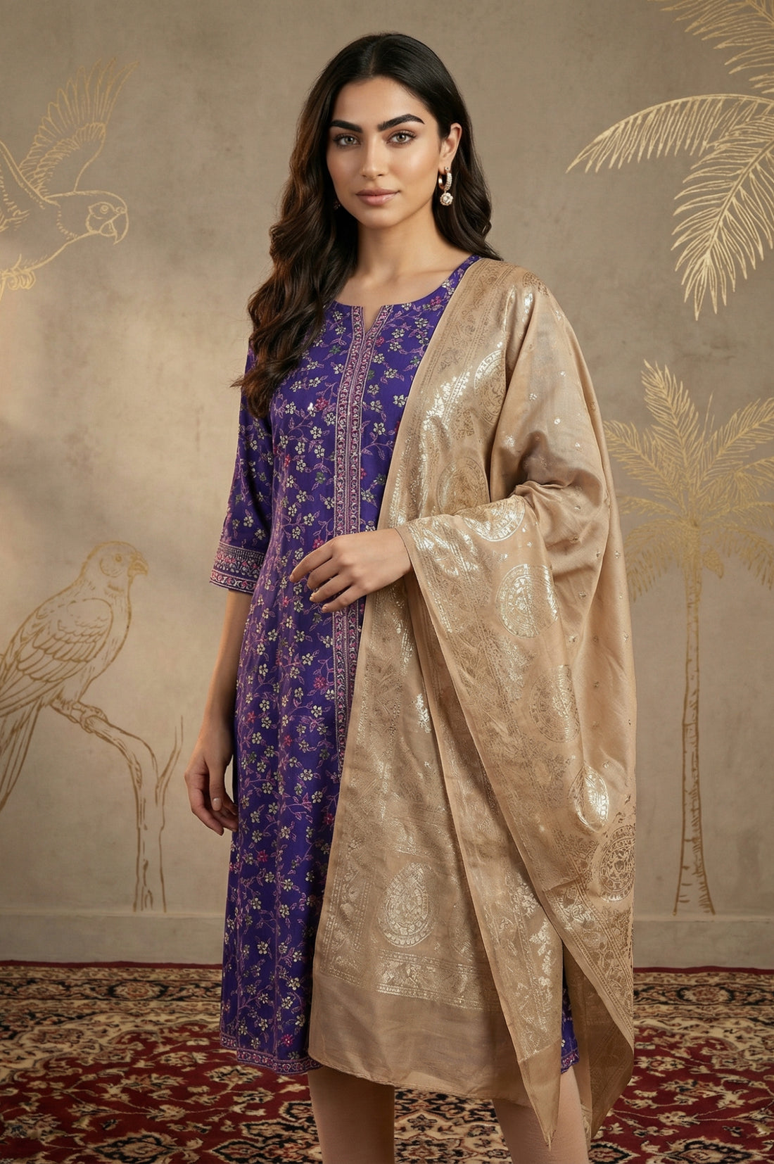 Gold Floral Foil Printed Georgette Dupatta
