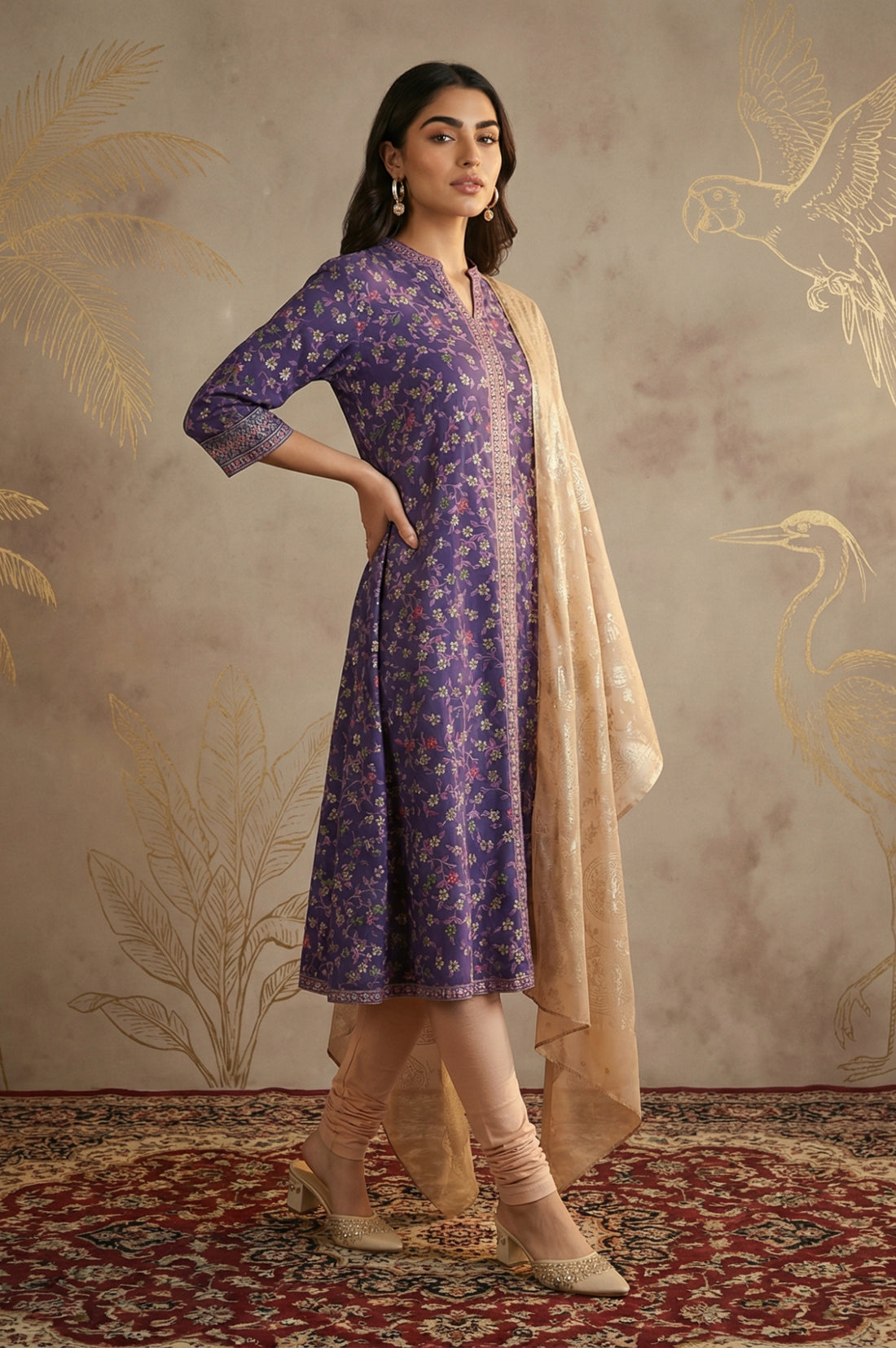 Gold Floral Foil Printed Georgette Dupatta