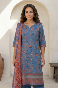 Blue Floral Printed Pure Cotton Dupatta