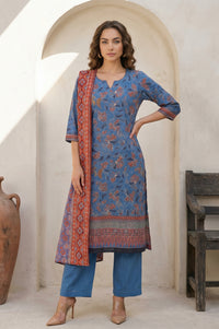 Blue Floral Printed Pure Cotton Dupatta