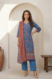 Blue Floral Printed Pure Cotton Dupatta
