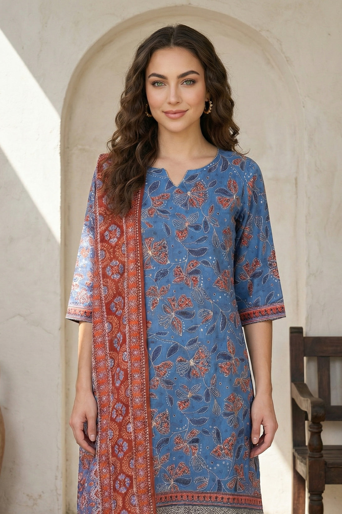 Blue Floral Printed Pure Cotton Dupatta