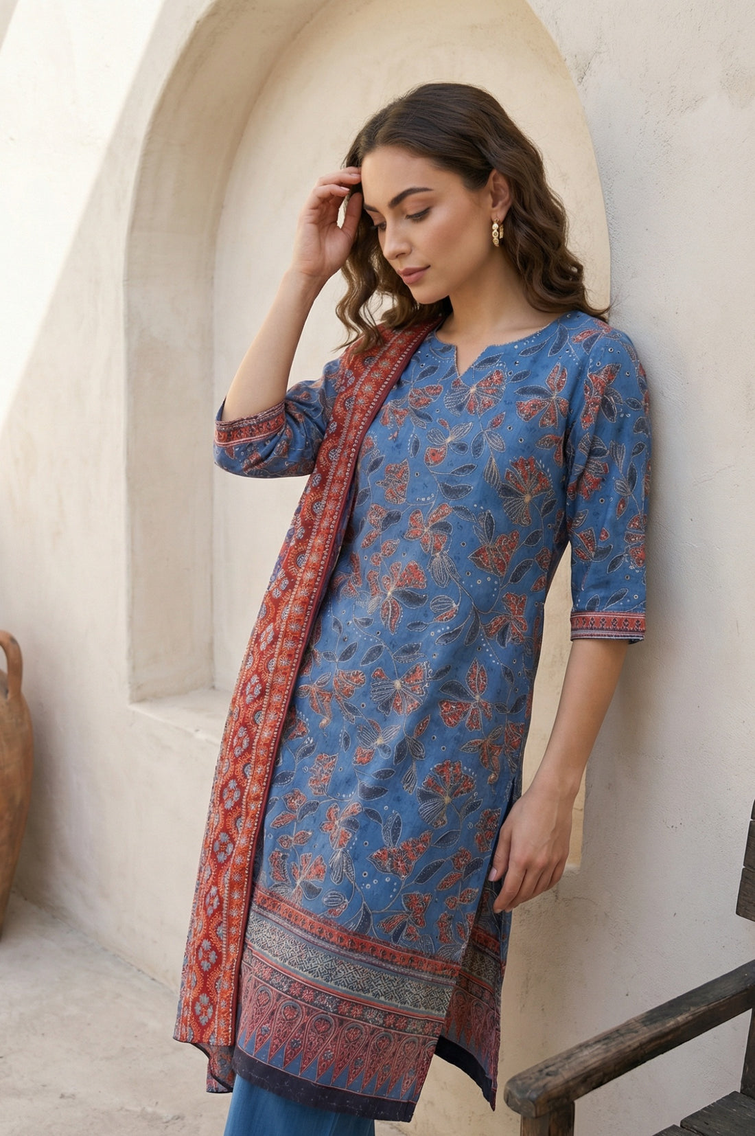 Blue Floral Printed Pure Cotton Dupatta