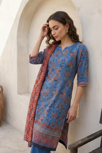 Blue Floral Printed Pure Cotton Dupatta